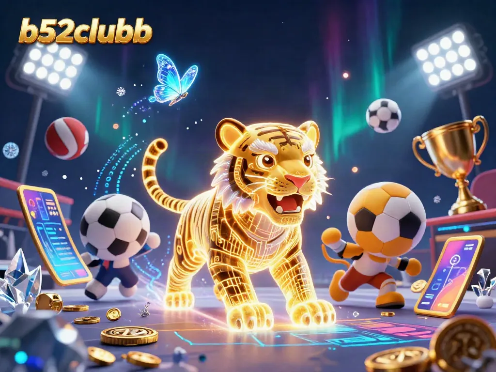Engage in thrilling betting adventures at b52clubb with a neon-wireframe golden tiger in a digital casino.
