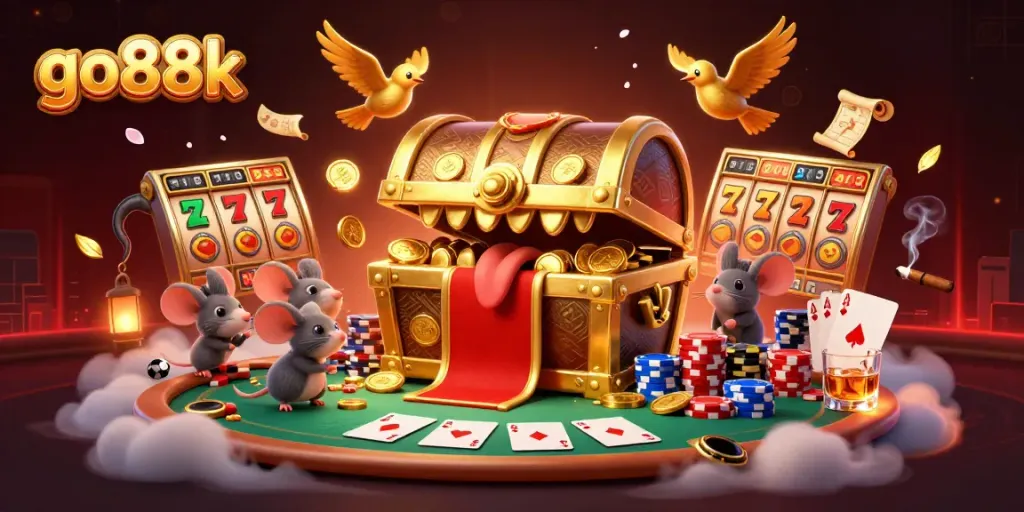 Experience go88k's riches in an energetic casino scene with vibrant characters and immersive game elements.