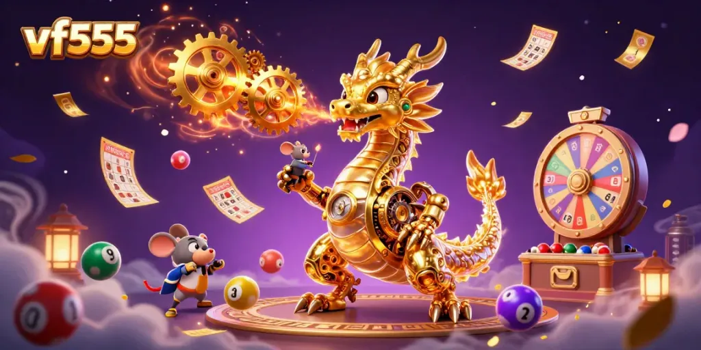 Experience thrilling casino action with vf555 featuring a biomechanical dragon and dynamic gaming elements.