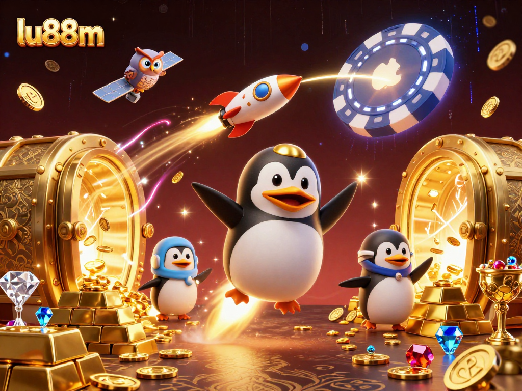 Experience thrilling gameplay with lu88m's golden penguin soaring past treasures in a vibrant casino universe.