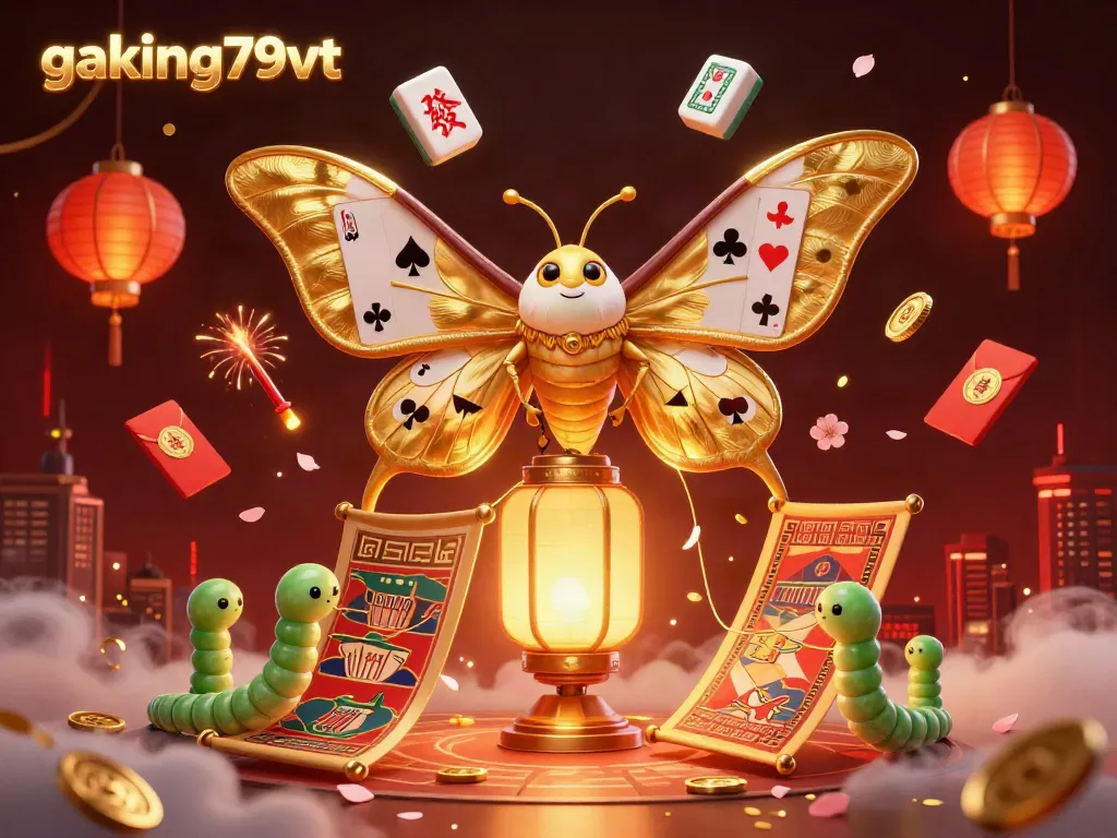 Experience the captivating gaking79vt casino world with a golden-winged moth and vibrant game elements illuminating the scene.