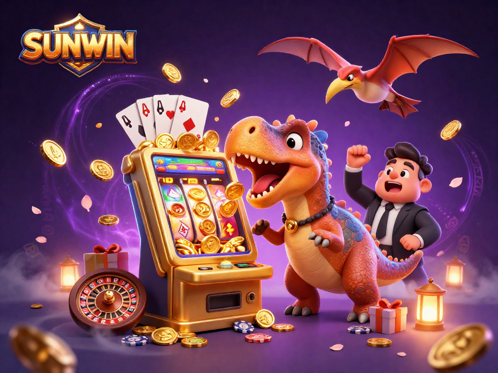 SUNWIN celebrates gaming excitement with a dinosaur winning at machines while coins fly around.