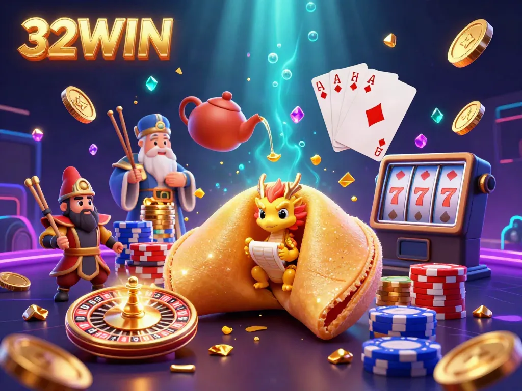 Experience the thrilling world of 32WIN with golden fortunes, dynamic gaming elements, and an animated scene full of vibrant energy.