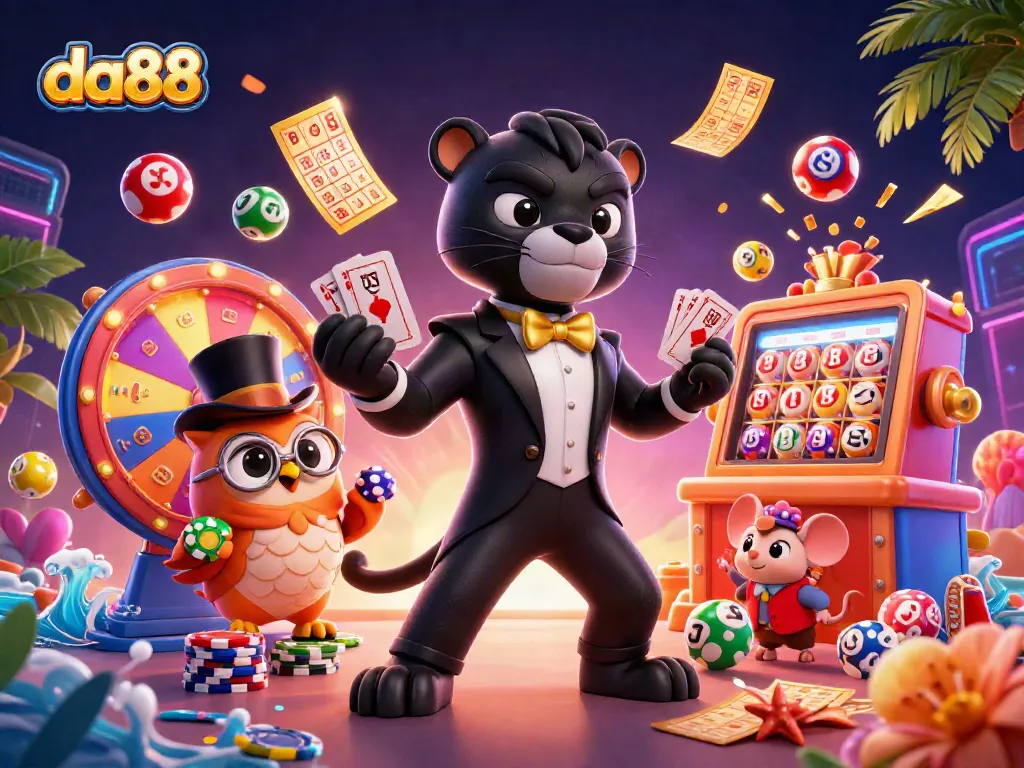 Experience thrilling gameplay at da88 with a stylish black panther dealer and lucky owl in an engaging casino scene.