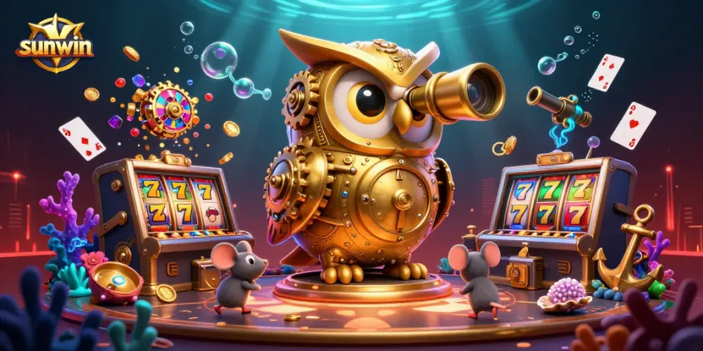 Spin slots and win with sunwin's gaming owl at a vibrant casino scene.