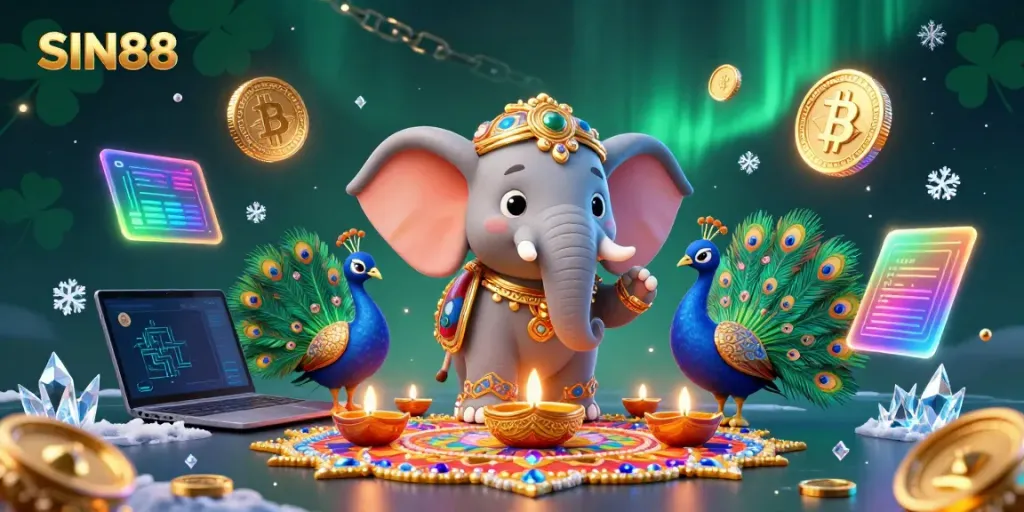 Experience thrilling gaming with SIN88 featuring vibrant 3D characters amidst crypto elements and casino visuals.