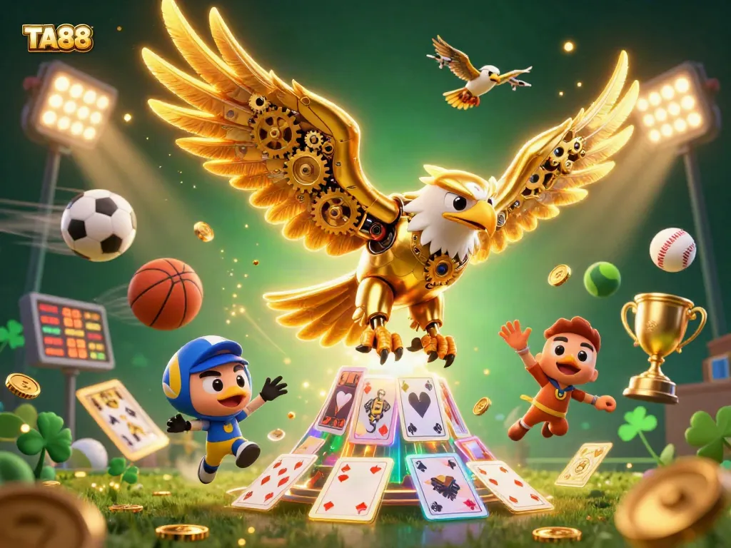 TA88 features a dynamic 3D golden eagle soaring among holographic cards, encapsulating thrilling betting moments.