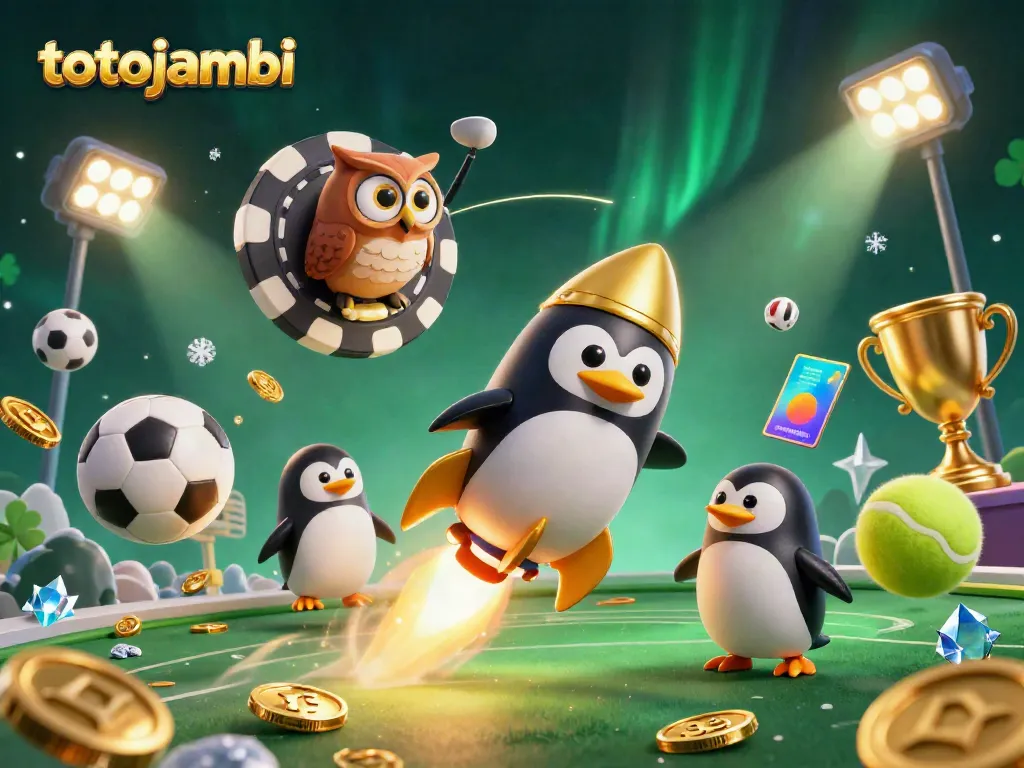 Engage with totojambi's exciting casino adventure featuring a dynamic rocket-powered penguin and sports elements.