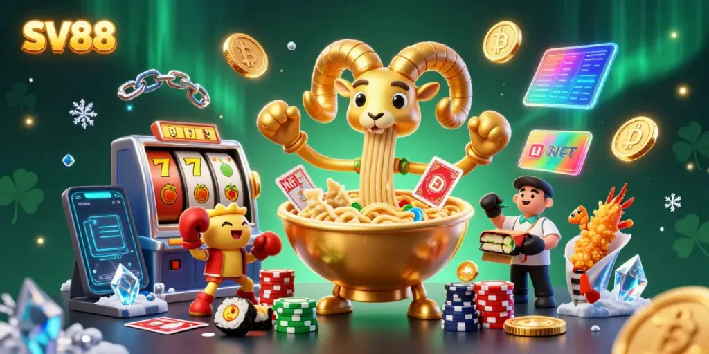 Engage with SV88's vibrant scene featuring a ramen bowl character, cards, and jackpot symbols.