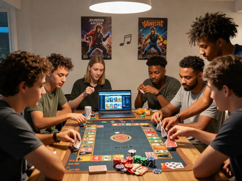 Friends enjoying a game night with Sunwin theme, vibrant and lively atmosphere.