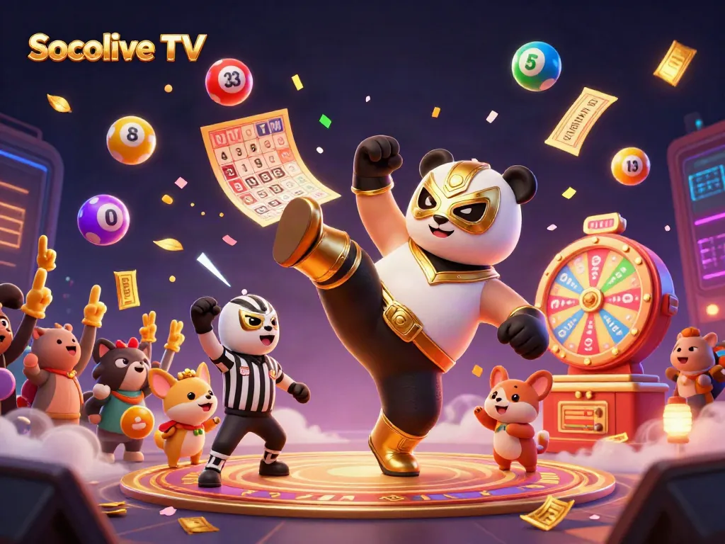 Socolive TV showcases an exciting 3D scene of fun characters celebrating gambling victories with vibrant imagery.