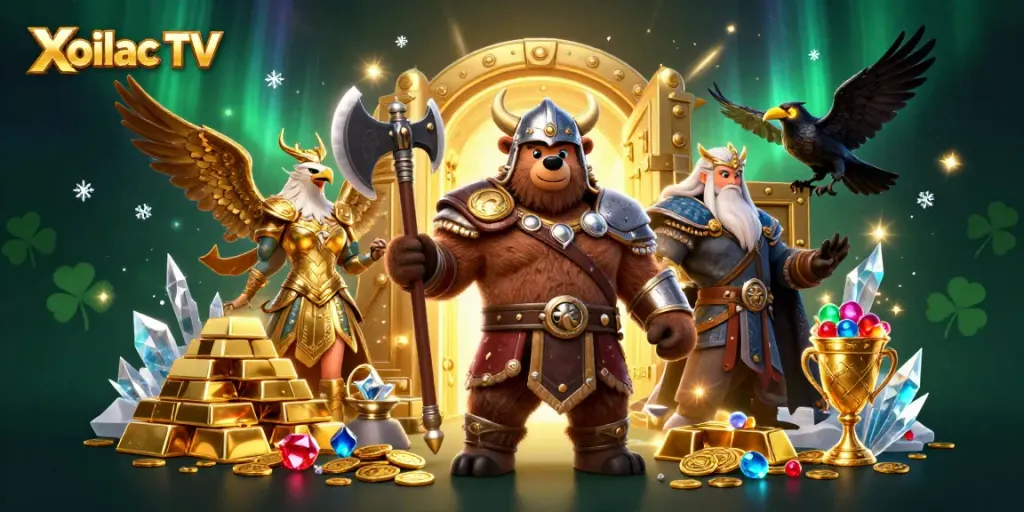 Engage in thrilling betting with Xoilac TV featuring a Viking bear and Valkyrie eagle amidst treasure and gold.