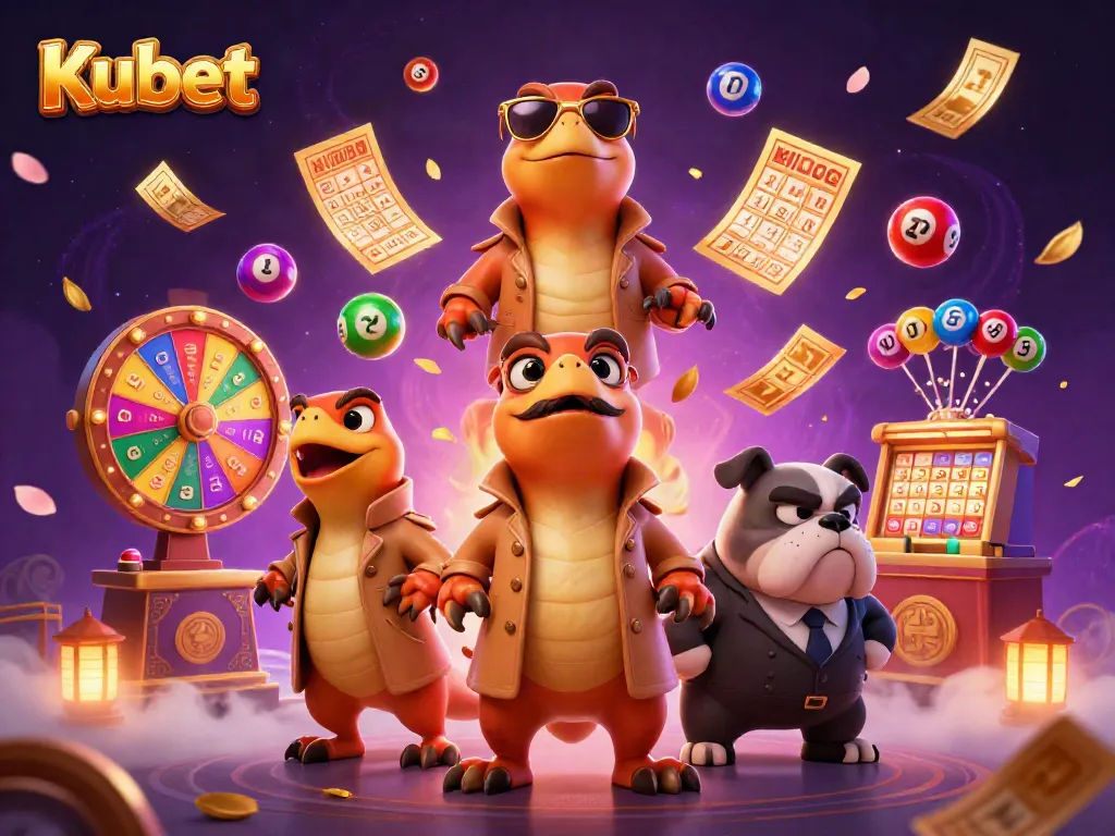 Kubet raptors amusingly trying to enter a casino, surrounded by dynamic lottery elements.