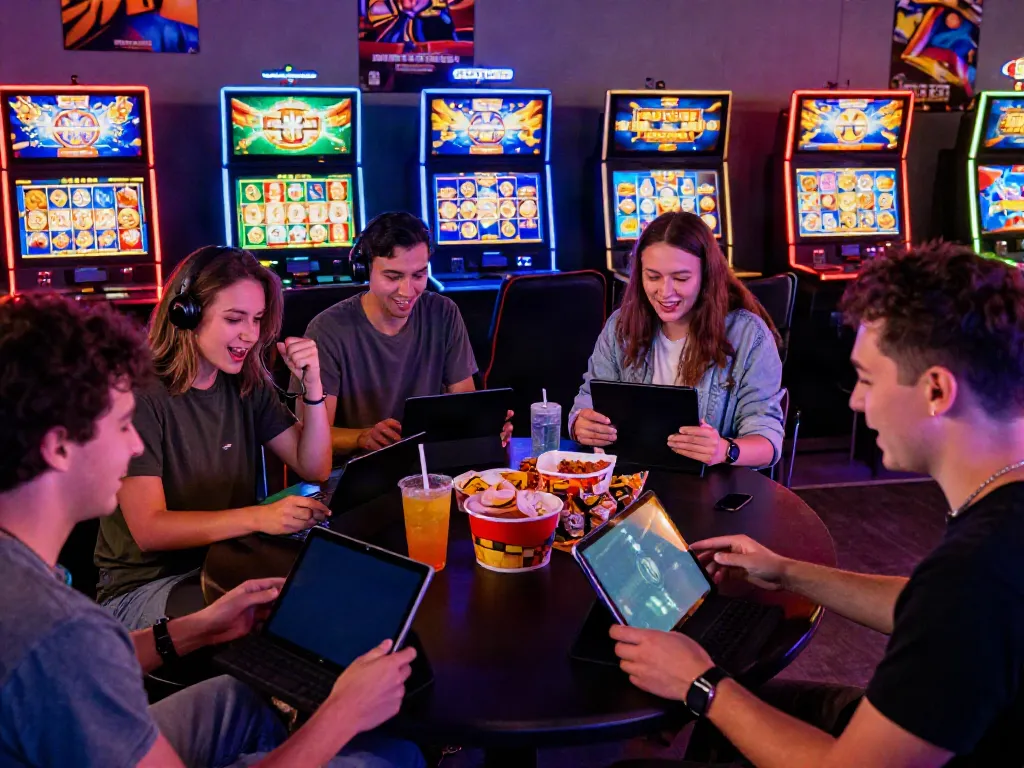 Friends enjoying slot gacor gampang menang games on smartphones with vibrant atmosphere.