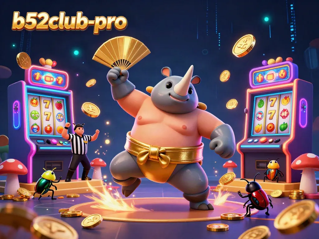 Experience thrilling gameplay with the b52club-pro rhino beetle champion amidst flying coins and slot machines.