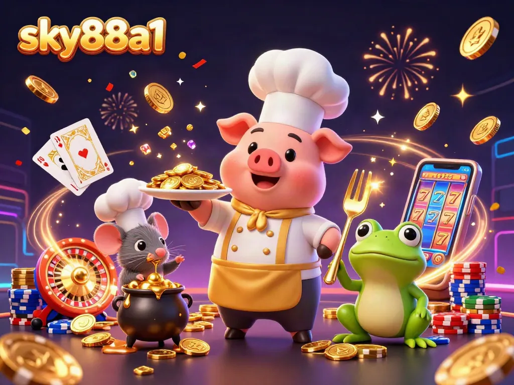 Experience the excitement of sky88a1 casino with gold coins and vibrant characters in a dynamic 3D scene.