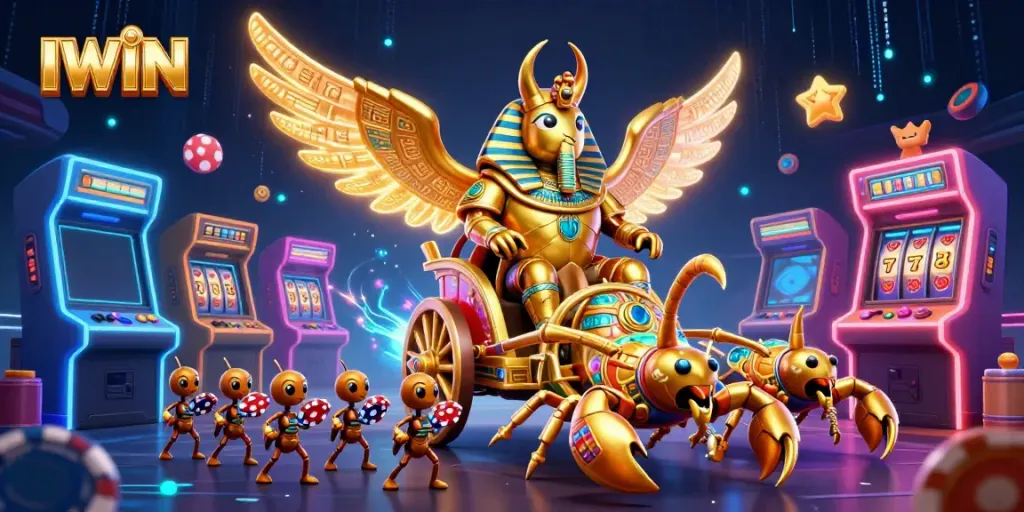 IWIN features vibrant 3D illustration of a golden beetle and scorpions in a lively casino setting.