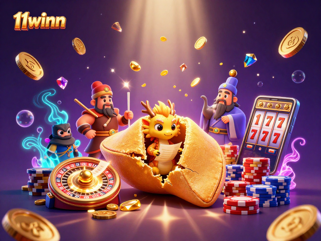 11winn showcases a vibrant 3D casino scene with dynamic golden elements and cartoon fortunetellers.