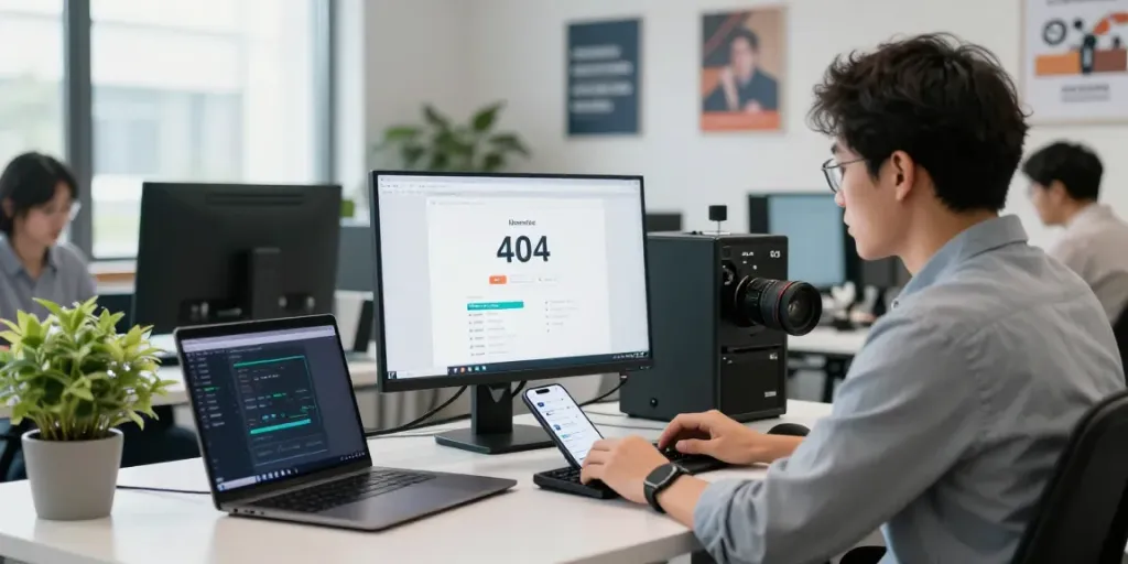 Pecah 404 error troubleshooting in a modern office setup.