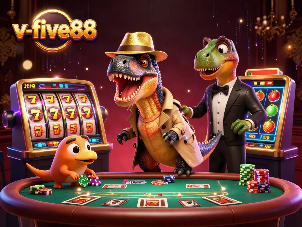 Experience thrilling slot action at v-five88 with cartoon velociraptors in a vibrant casino!
