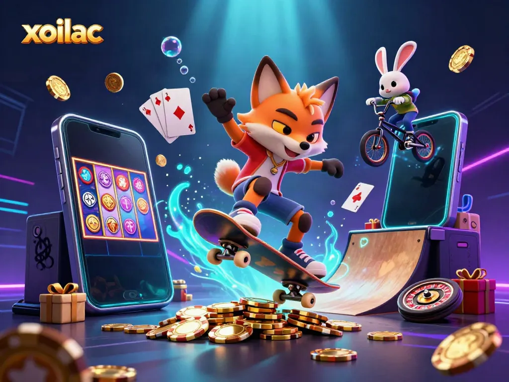 Xoilac sports betting excitement featuring a skateboarder fox and BMX rabbit in a vibrant casino scene.