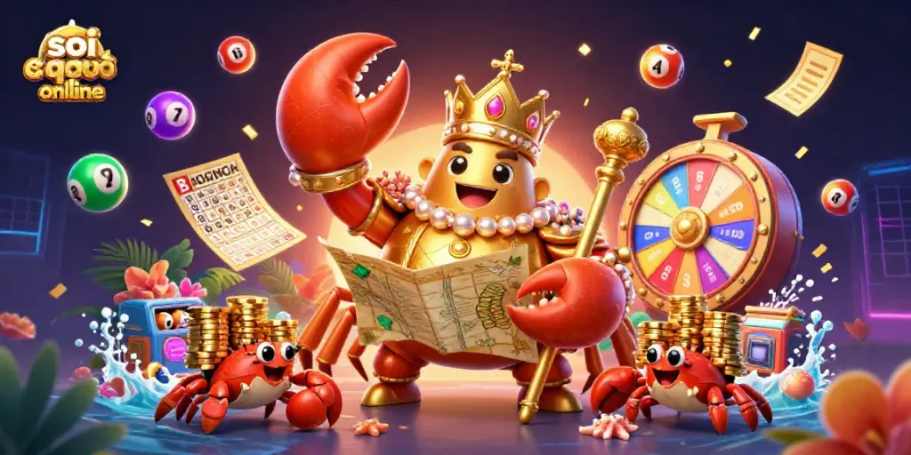 Experience soi cầu online with a vibrant 3D illustration featuring a golden crab emperor amidst colorful lottery balls and gaming elements.