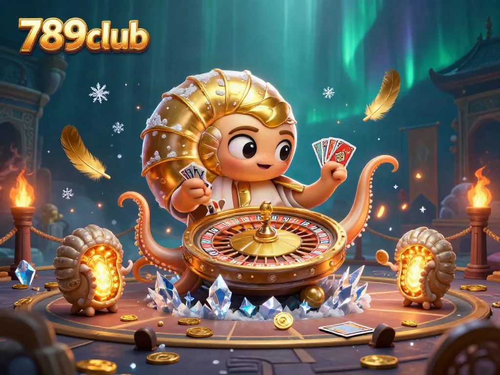 Experience thrilling gameplay at 789club with a vibrant illustration showcasing a giant nautilus roulette wheel surrounded by colorful game elements.