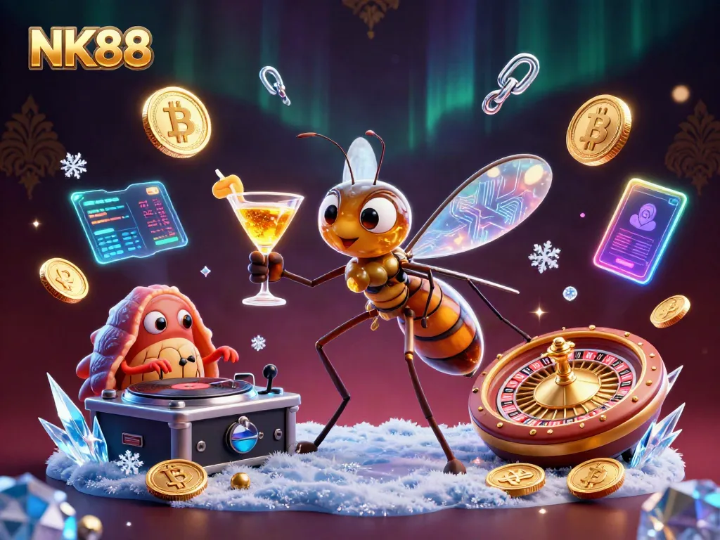 Engage with NK88's vibrant casino mascot, dynamic roulette wheel, and trending crypto elements in this dazzling nightlife illustration.
