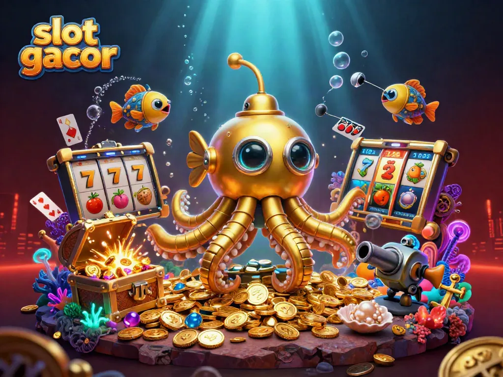 Engaging slot gacor scene featuring immersive 3D elements like a kraken submarine, slot reels, and gold coins