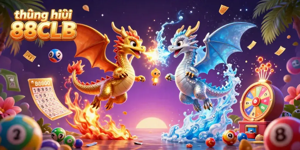 Experience exhilarating gaming with thương hiệu 88CLB, showcasing vibrant lottery elements and dynamic dragons.
