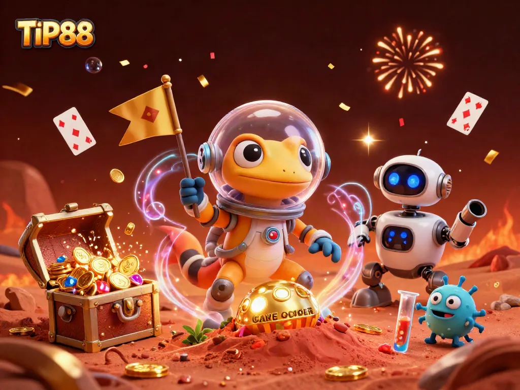 Experience TIP88's dynamic casino adventure with 3D alien characters amidst gold coins and exciting game elements.