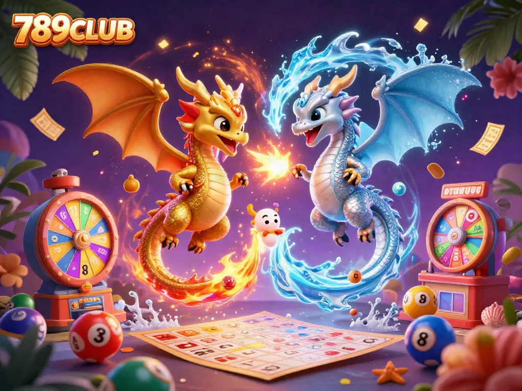 Engage with 789CLUB's magical gaming world as dragons soar through colorful lottery chaos.