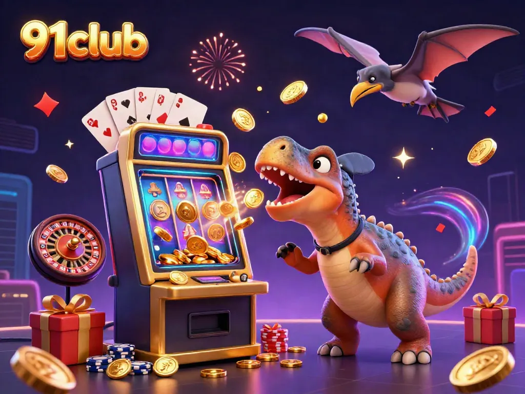 Experience the excitement of 91club with a colorful, action-packed scene featuring animated dinosaurs and casino elements.