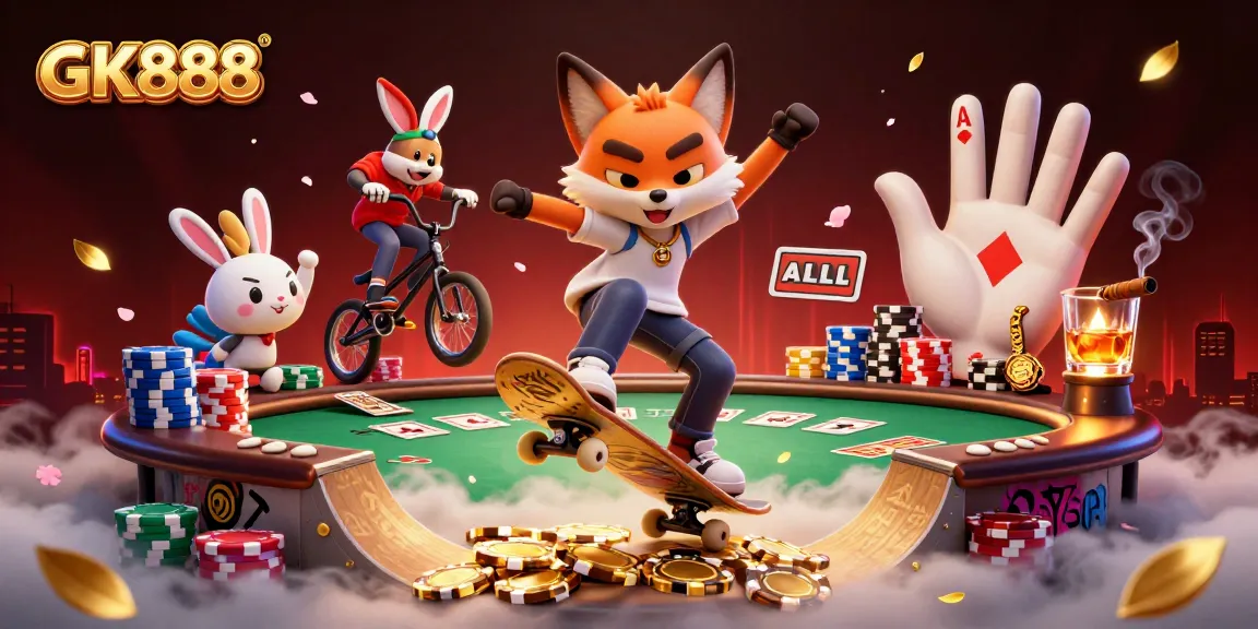 Experience the thrill of GK888 as a fox performs tricks over golden poker chips, surrounded by vibrant casino elements.