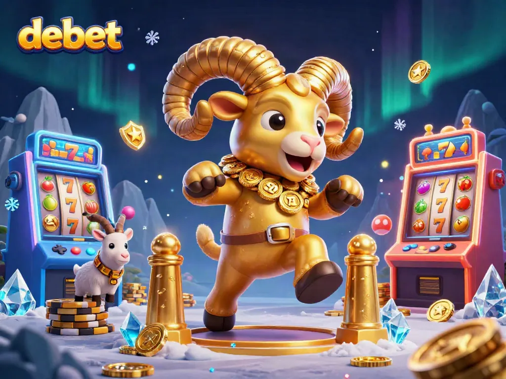 Experience thrilling online gaming at debet with a golden ram charging through casino elements.