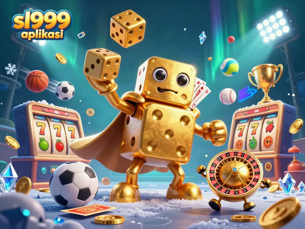 Engage in thrilling gaming with sl999 aplikasi featuring a golden dice golem and dynamic slot symbols.