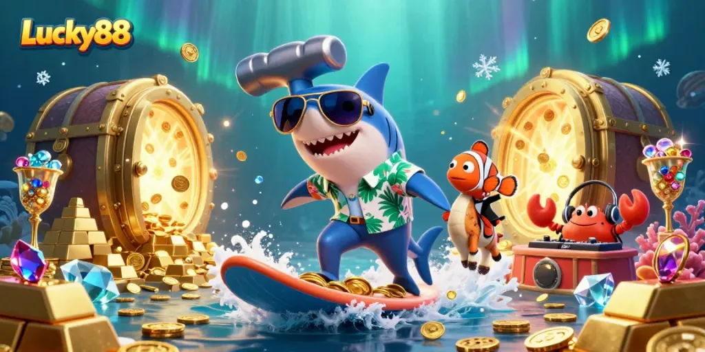 Engage in exciting gameplay with Lucky88 as the shark surfs gold coins, symbolizing wins.