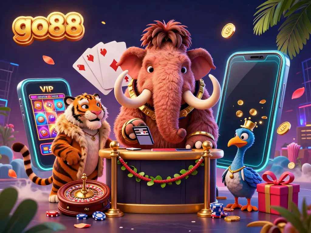 Engage with go88 as a woolly mammoth checks IDs beside a saber-tooth tiger and dodo doorman at a vibrant casino.