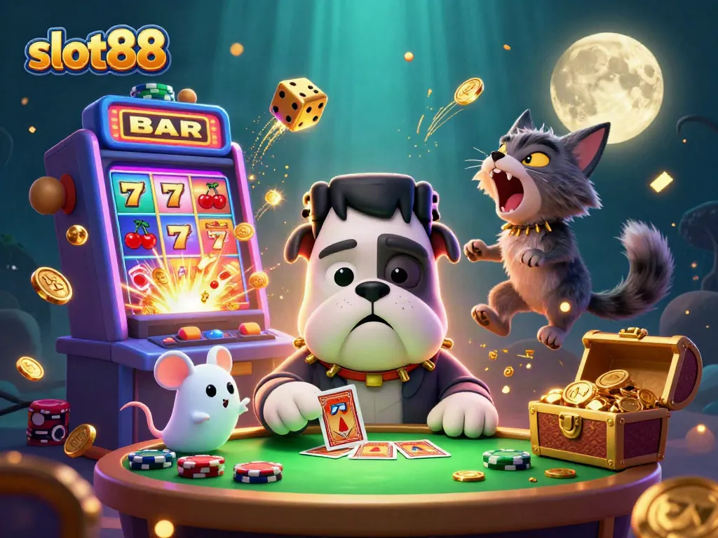 Experience the thrill of slot88 with a 3D cartoon scene featuring a bulldog dealer amidst jackpot excitement.