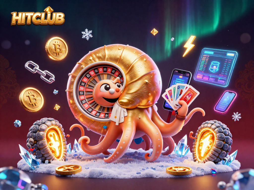 Engage in thrilling gaming at HITCLUB with a vibrant 3D illustration of a nautilus roulette wheel amidst glowing cryptocurrency elements.