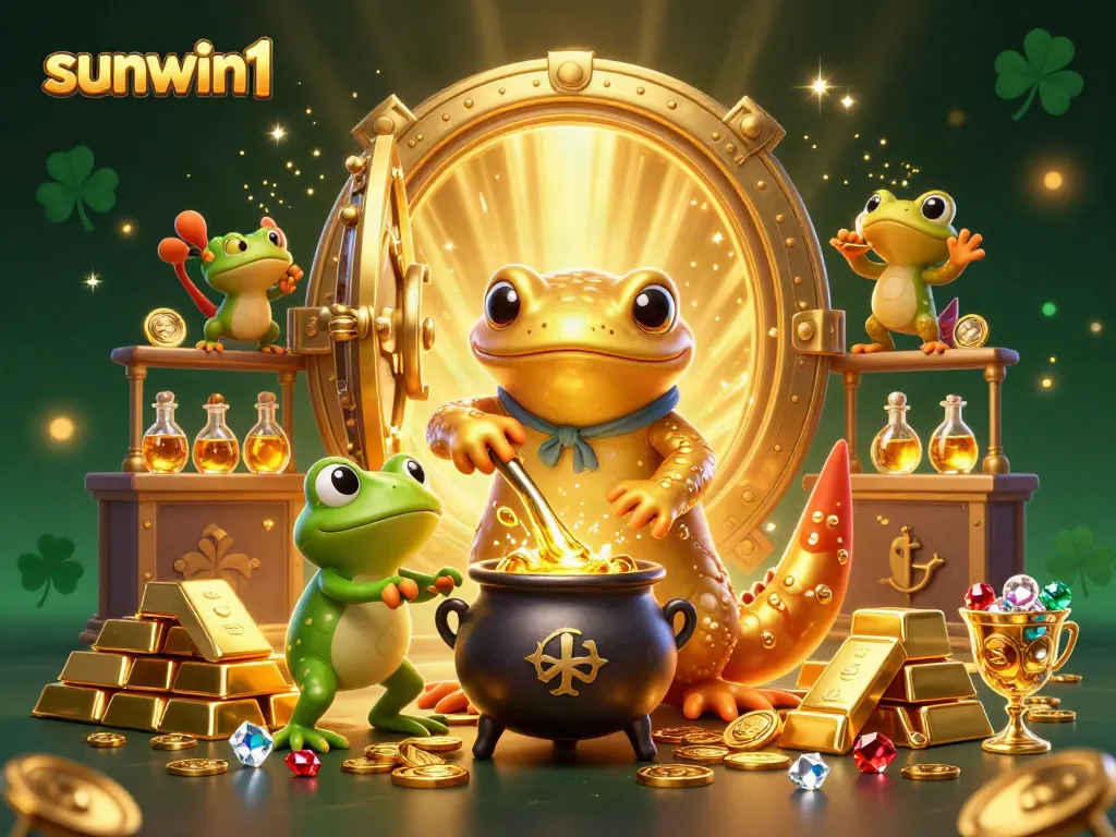 Engage with sunwin1's thrilling realms of online gaming in this vibrant illustration full of gold and excitement.
