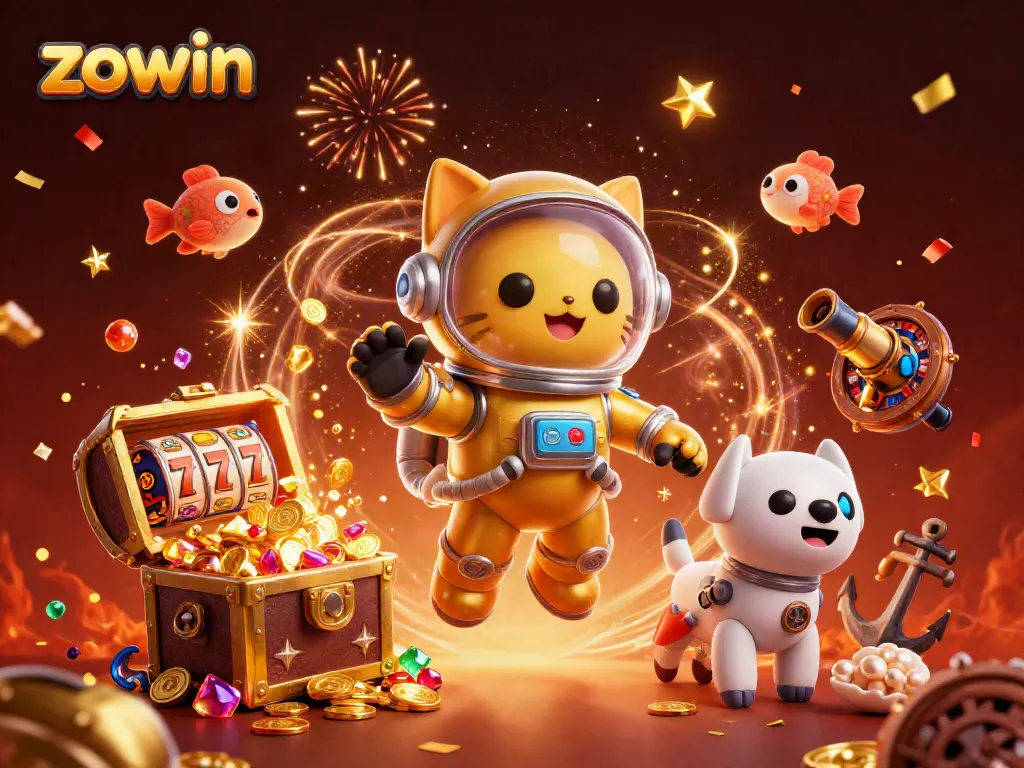 Experience the exciting world of zowin with vibrant 3D characters exploring a casino universe full of treasures.