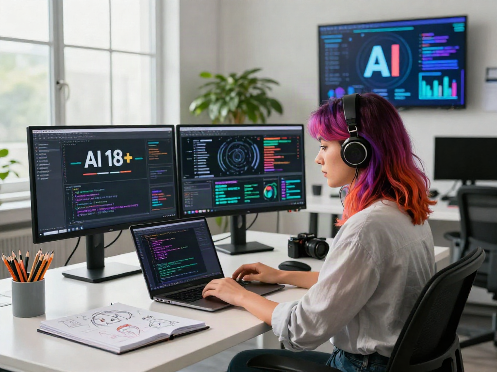 Young woman in a tech workspace analyzing ai 18+ algorithms with dual monitors