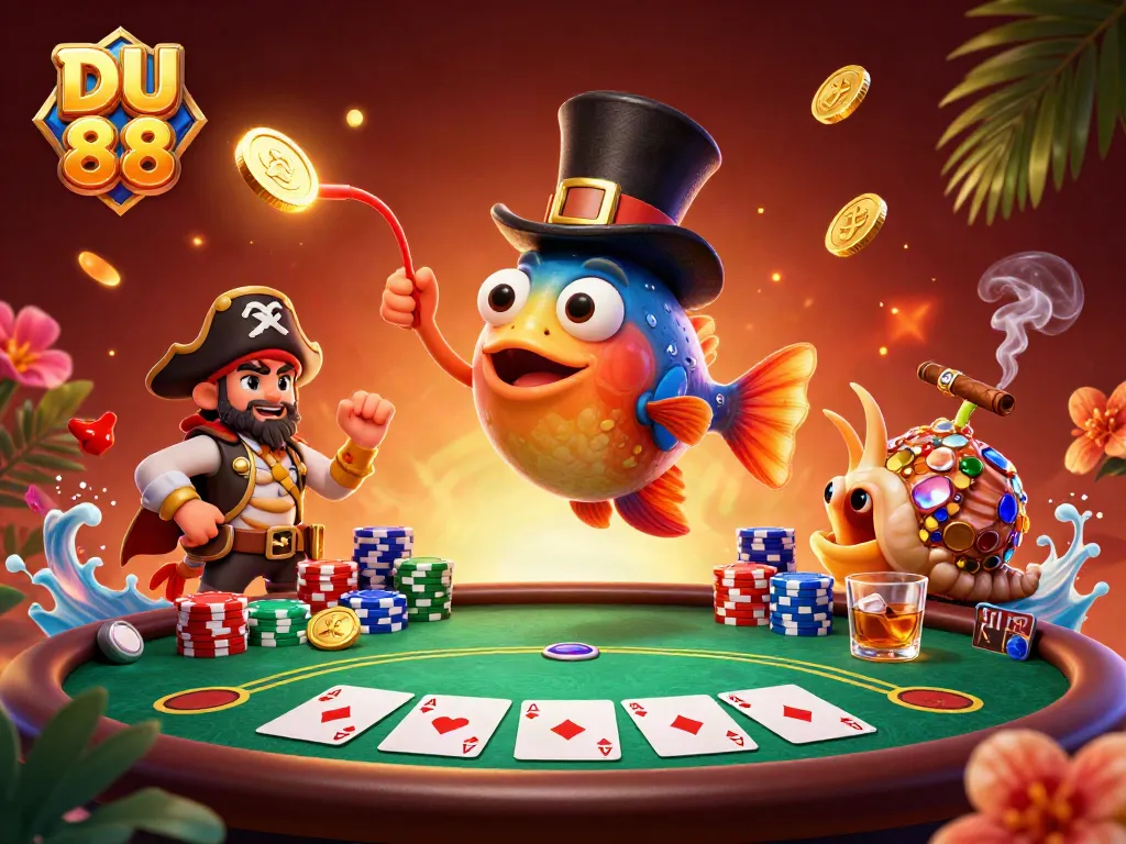 Engage in thrilling actions with DU 88 as the anglerfish catches golden coins amidst a vibrant casino scene.