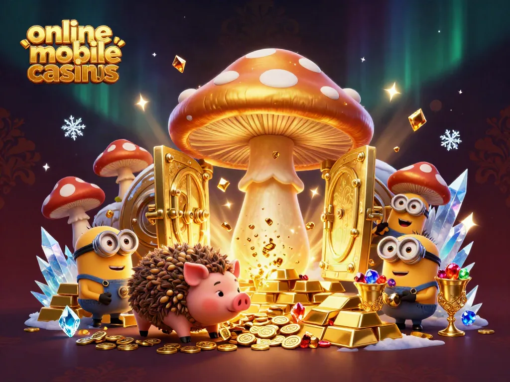 Experience the magic of online mobile casinos with this enchanting 3D illustration featuring vibrant characters and treasures.