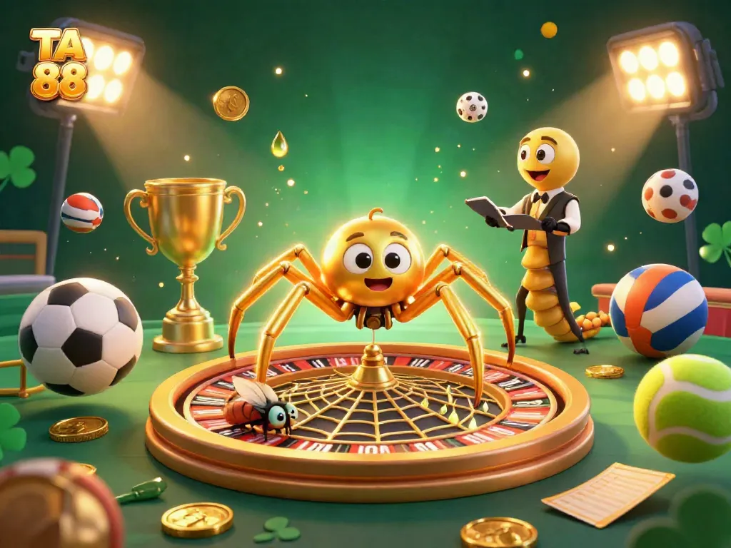 Engage with TA 88's vibrant gambling scene featuring a cartoon spider and sports elements.