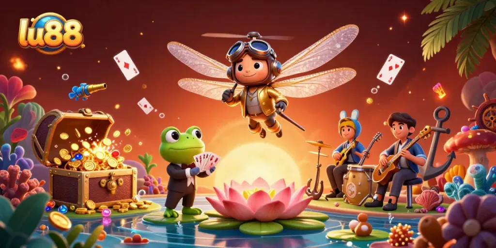 Experience thrilling games at lu88 with a vibrant dragonfly pilot and frog croupier in a lively casino scene.