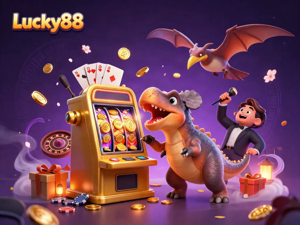 Lucky88 features a pachycephalosaurus winning coins from a slot machine alongside a manager and a pteranodon.