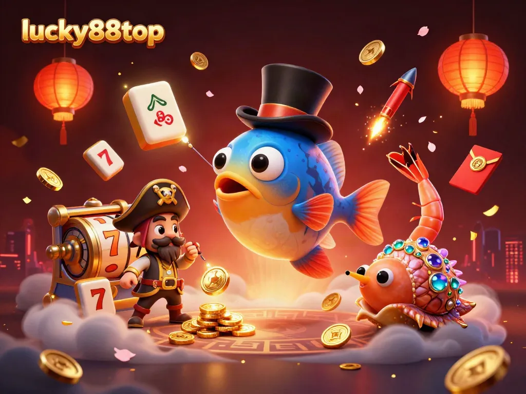 Spin to win at lucky88top with an engaging 3D casino illustration featuring vibrant characters and lively game elements.