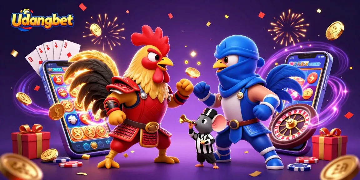 Engage in thrilling action at Udangbet with 3D roosters in samurai and ninja attire amidst vibrant casino elements.